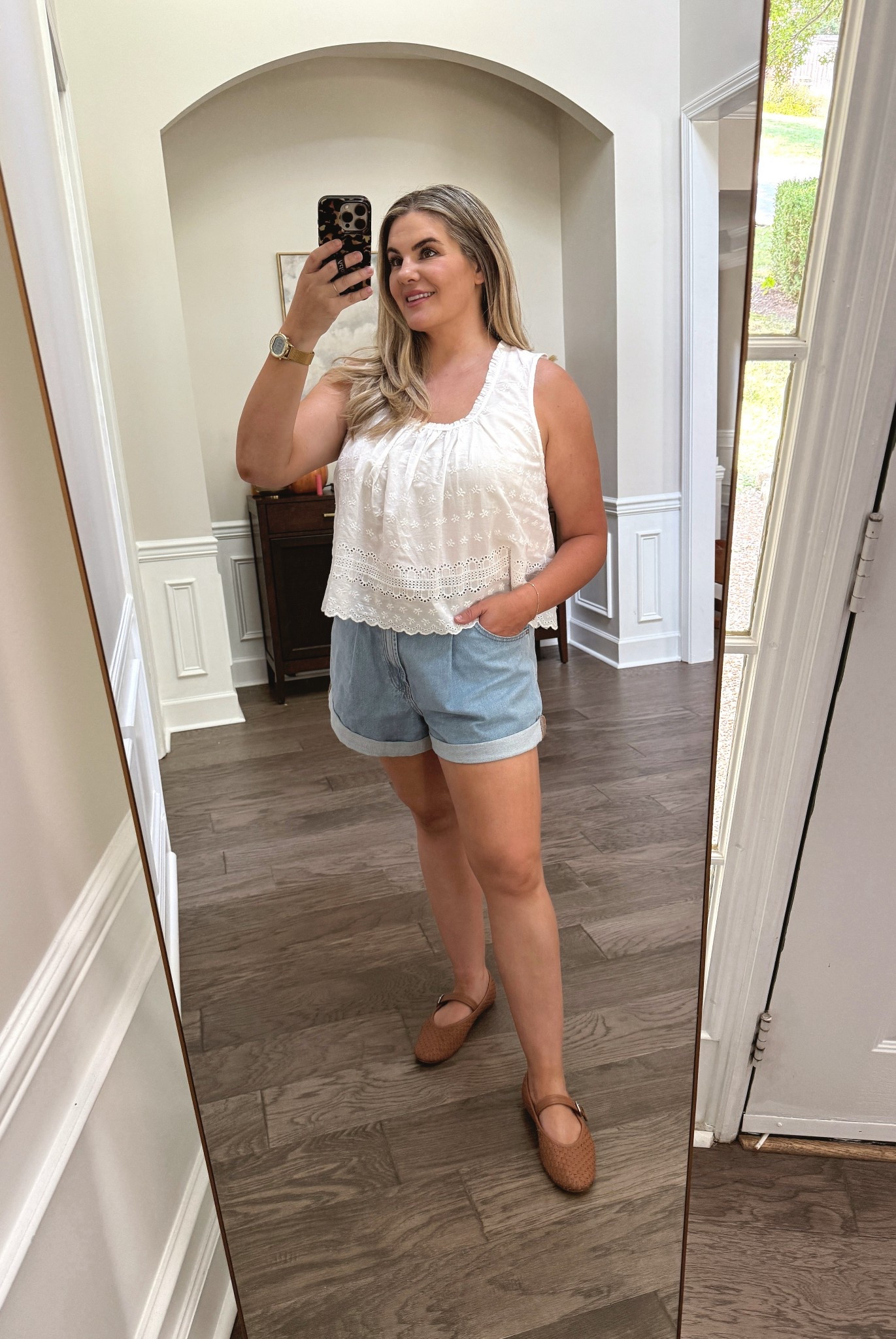 White tank top, casual top, jean short, Mary Jane, dolce vita, free people 

#LTKMidsize #LTKPetite #LTKFindsUnder50