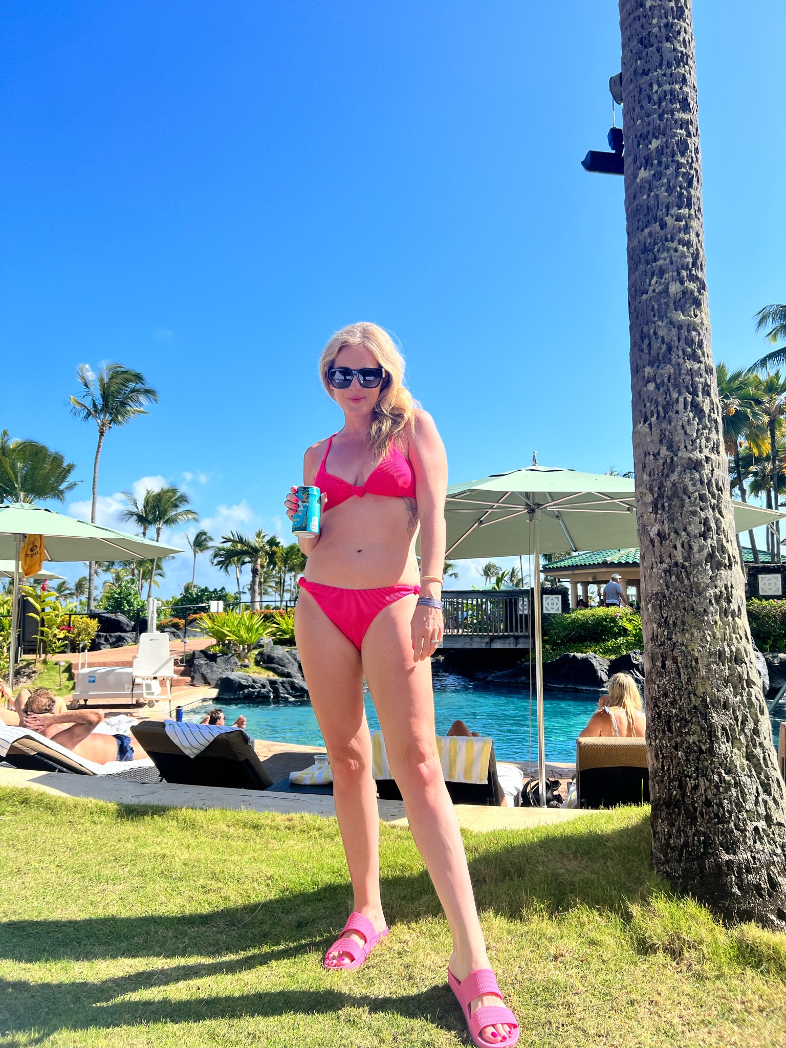 Amazon swim suit 
Pink swim suit 
Black sunglasses 
Reef sandals 
Pink sandals 
Barbie pink 

#LTKunder50 #LTKswim #LTKSeasonal