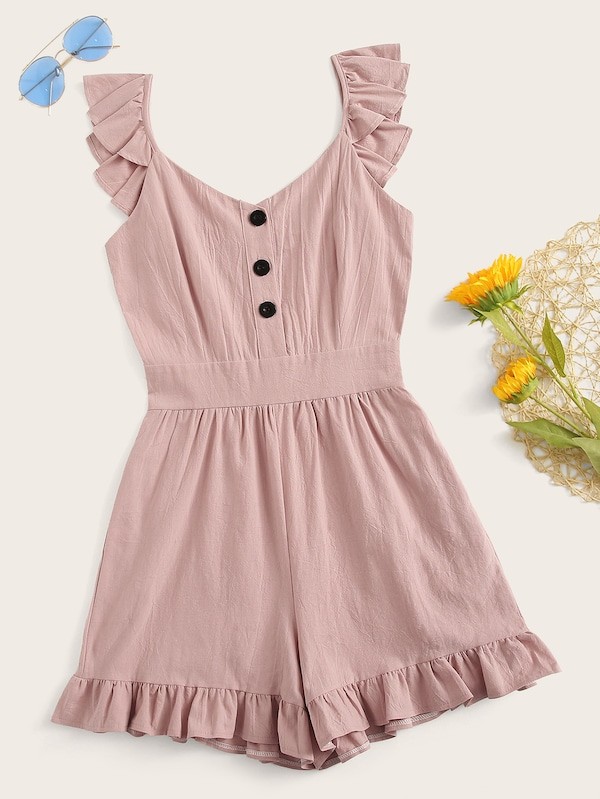 Ruffle Hem Zip Back Romper | SHEIN