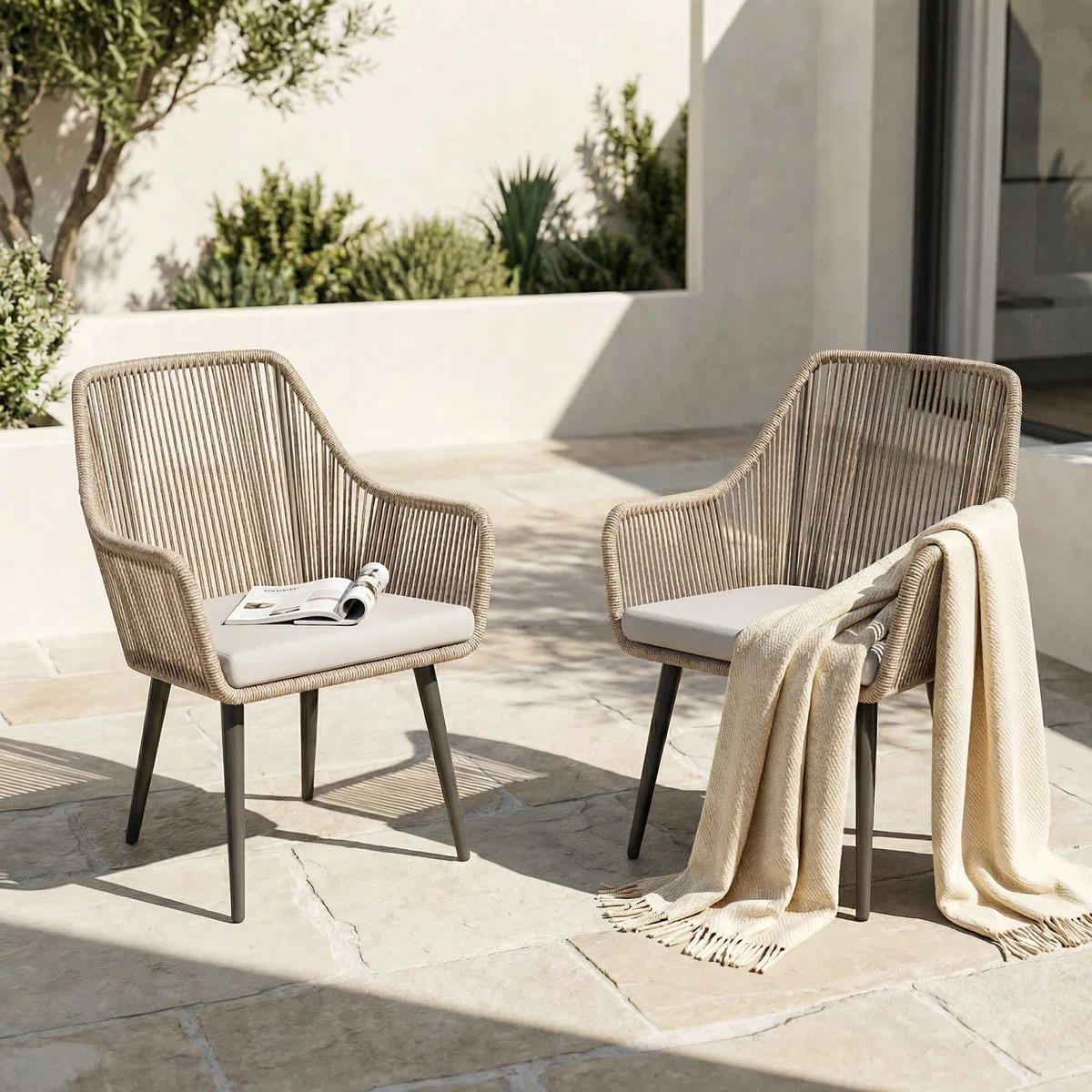 Cassil Premium All-Weather Wicker Outdoor Dining Armchair with Cushion (Set of 2) | Wayfair North America