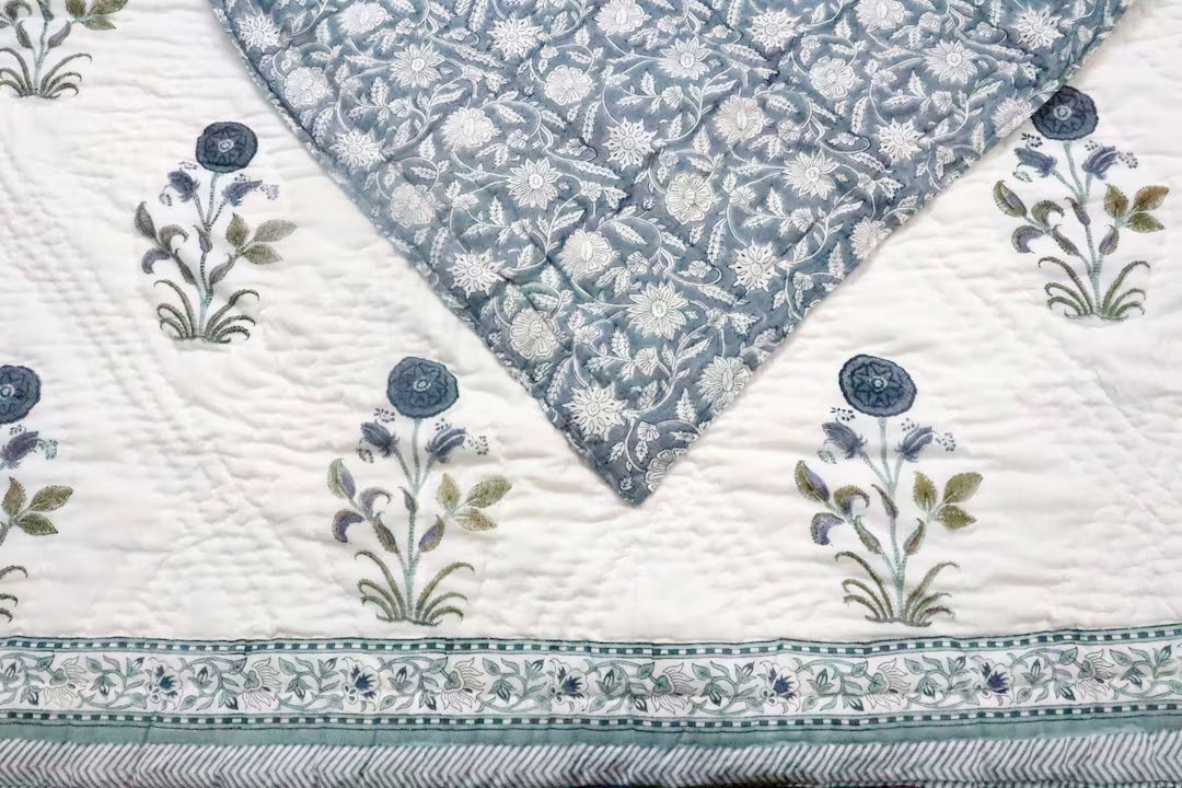 Handmade Blue Floral Quilt, Indian Reversible Kantha Quilted Bedspread, Handmade Bedspread, Block... | Etsy (US)