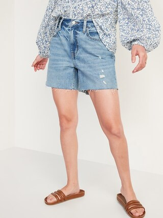 High-Waisted Slouchy Straight Ripped Cut-Off Jean Shorts for Women -- 5-inch inseam | Old Navy (US)