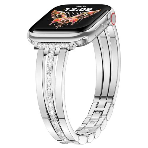 AIRSPO Slim Silver Band Compatible with Apple Watch 42mm/44mm/45mm/46mm Women Thin Metal Strap Dressy Jewelry Bracelet with Diamond for iWatch Bands Series 10/9/8/7/6/5/4/3 SE | Amazon (US)