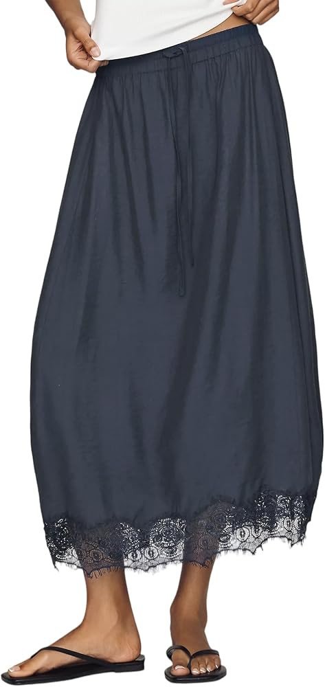 Women Midi Skirt Elegant Lace Trim Boho Drawstring Loose Fit Skirts | Amazon (US)