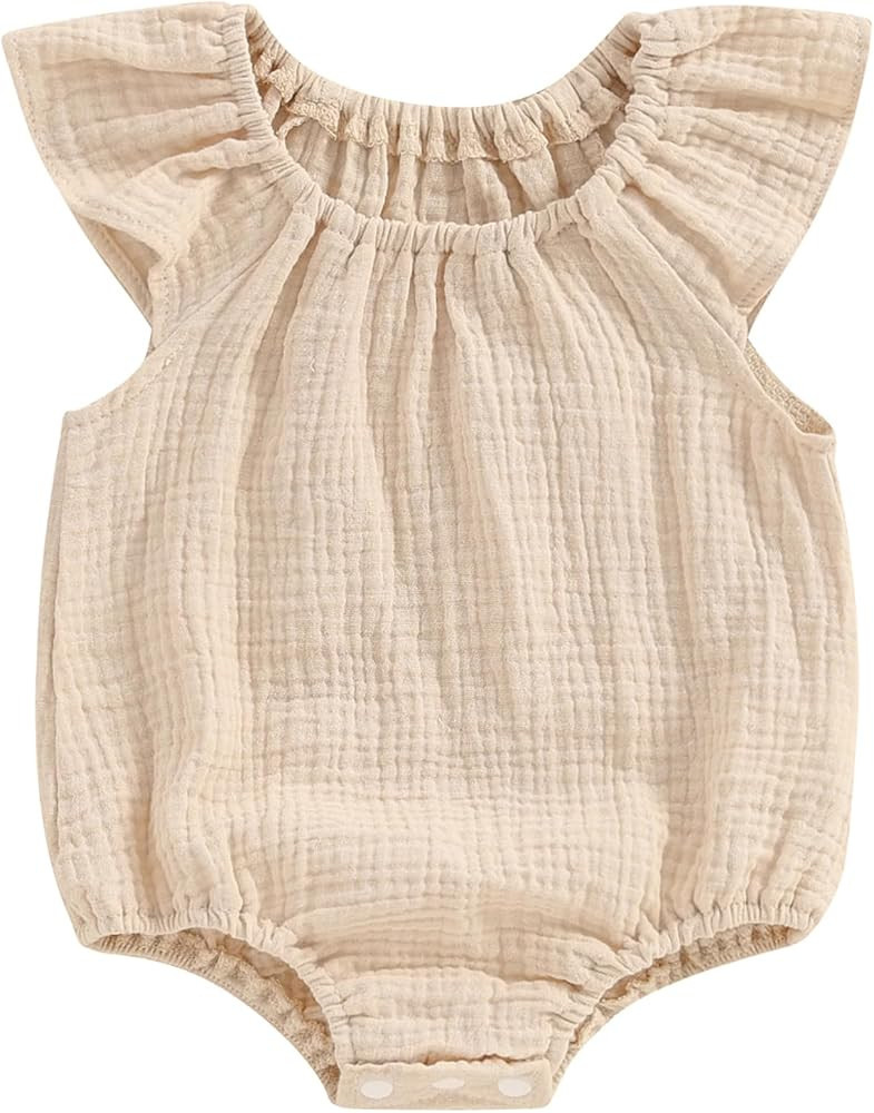 Mubineo Baby Girl Boy Summer Cotton Linen Romper Clothes Basic Plain Ruffle Sleeveless Comfy Romp... | Amazon (US)