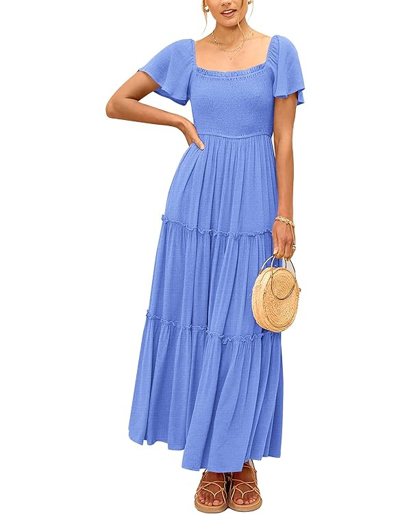 PRETTYGARDEN Women's Summer Maxi Dress Short Sleeve Square Neck Smocked Tiered Ruffle Long Flowy ... | Amazon (US)