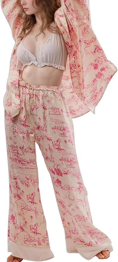 Arssm Women 2 Piece Satin Silk Pajama Set Floral Long Sleeve Pajamas Soft Button Down Pjs Set Sle... | Amazon (US)
