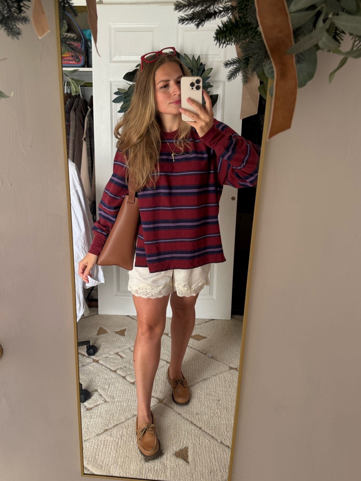 Summer to fall transition outfit, affordable finds, boat shoes, lace shorts, satin shorts, red glasses, leather tote, fall finds, pre fall

#LTKdayinmylife #LTKmomlife