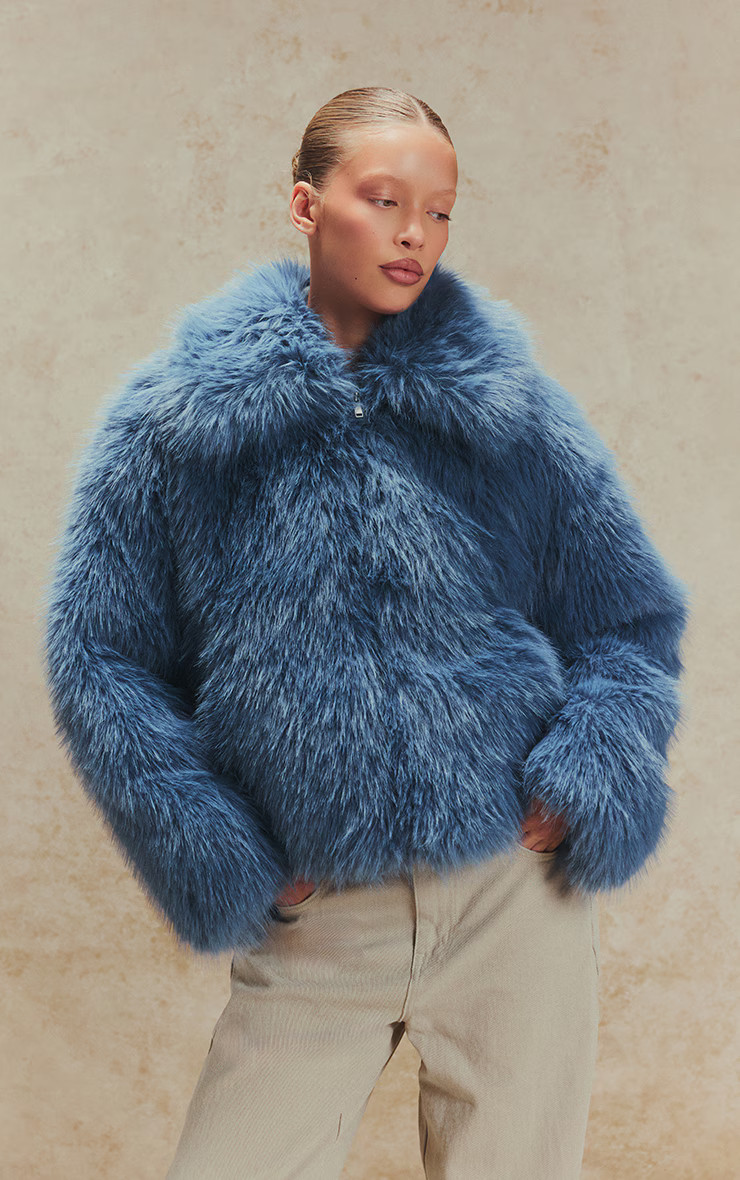 Pastel Blue Oversized Collar Faux Fur Coat | Outerwear | PrettyLittleThing US