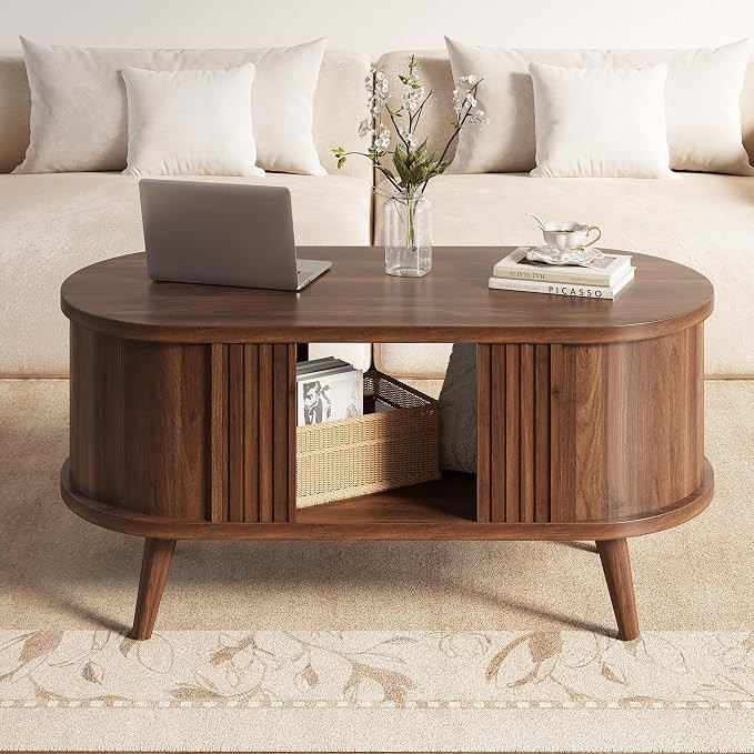 39.3" Oval Fluted Coffee Table with Storage, Fluted Mid-Century, Walnut | Amazon (US)