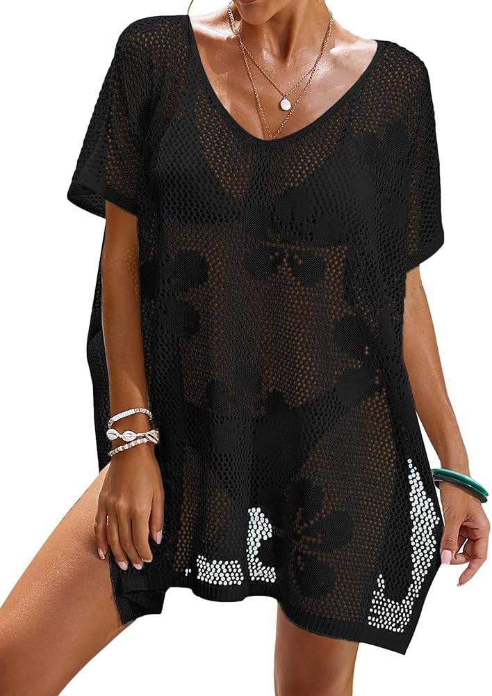 BreathSunny Womens Crochet Swimsuit Beach Cover Up 2026 Oversized Cap Sleeve Mesh Knit Bathing Su... | Amazon (US)