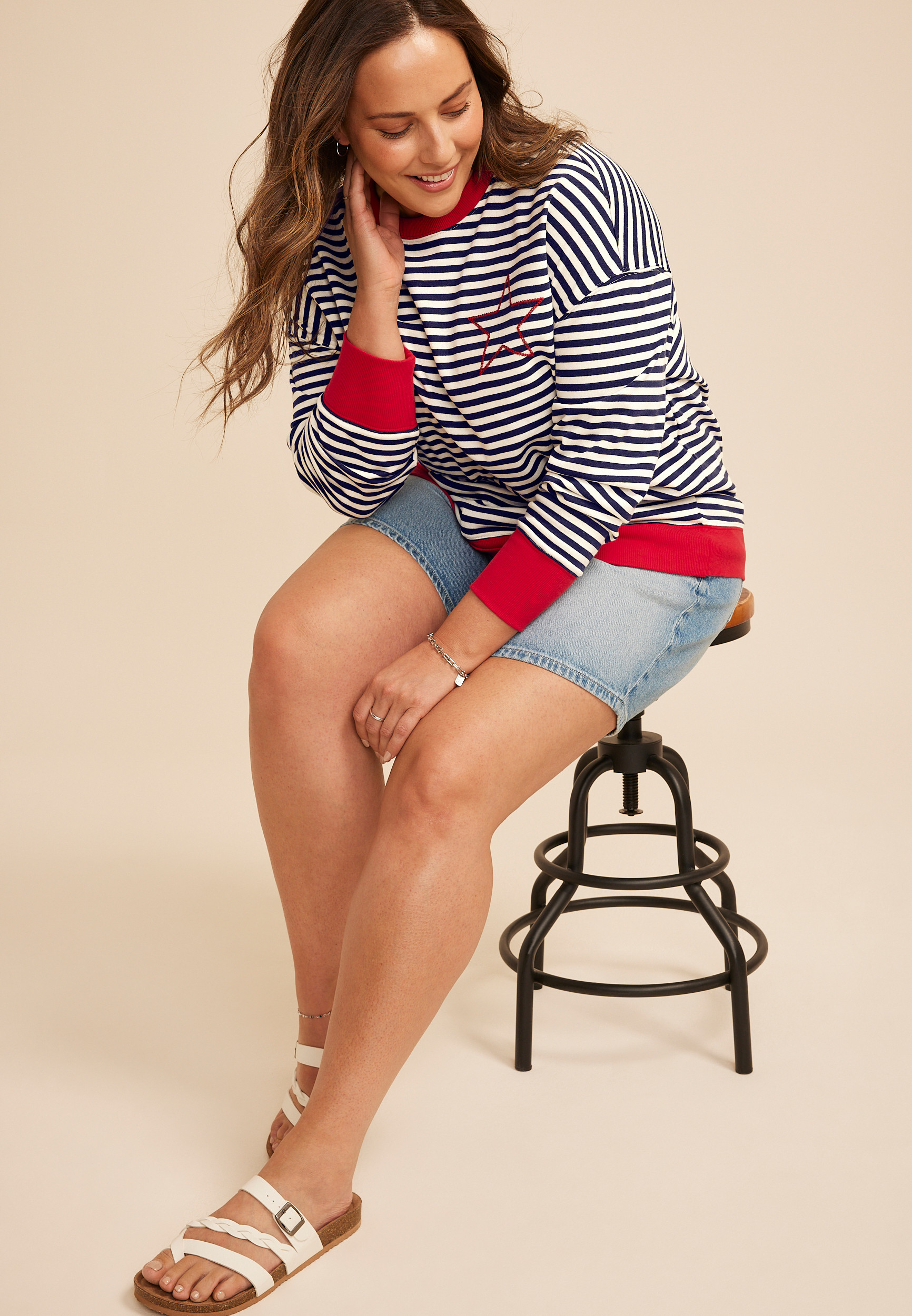 Maurices Plus Size Women's Striped Americana Embroidered Star Sweatshirt | Maurices