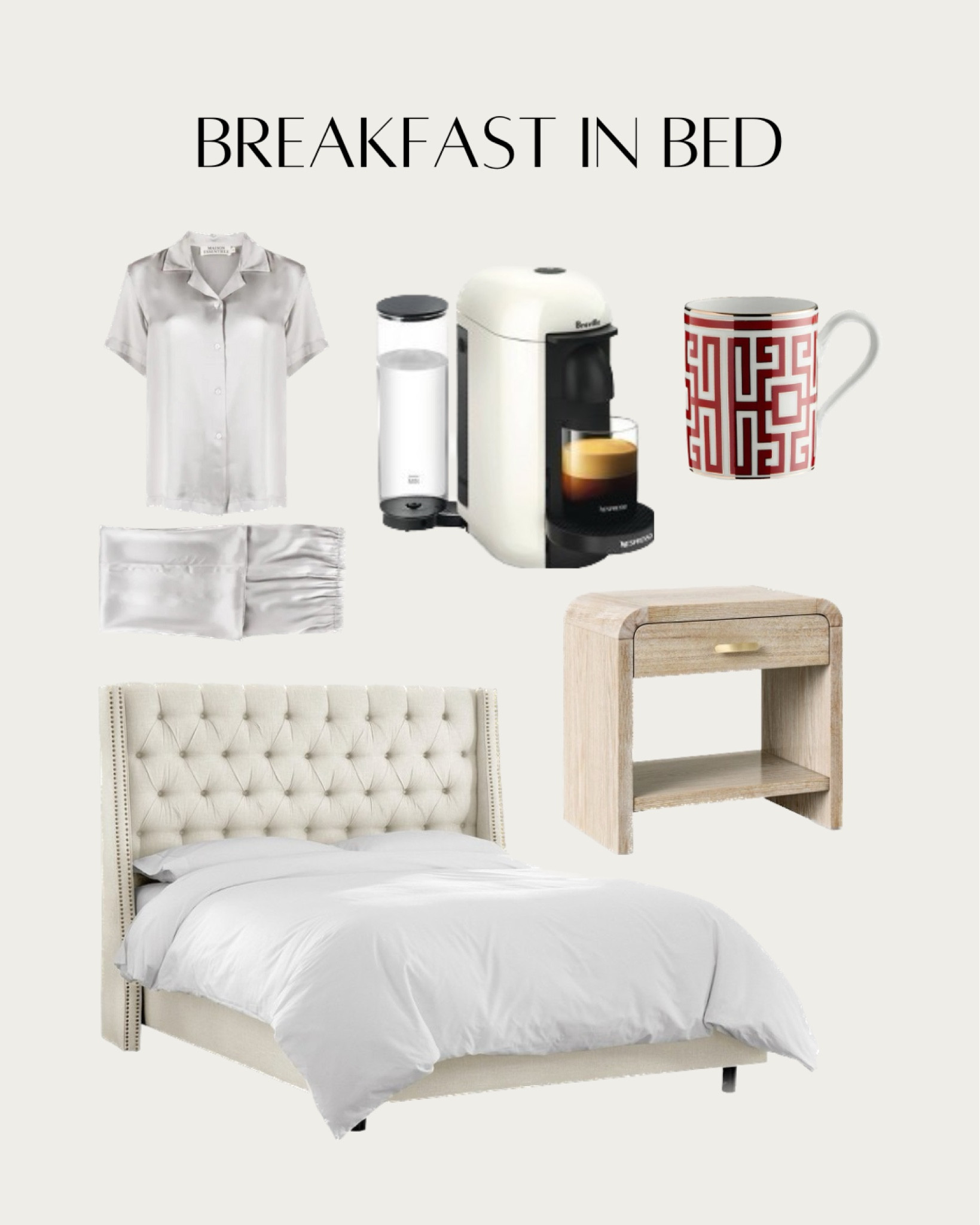 Begin the Day Luxuriously: Breakfast in Bed Elegance! Transform your mornings into a masterpiece with the Maison Essential Silk Pyjama Set, embracing comfort and style from the moment you wake. Indulge in the warm embrace of the Queen Diamond Tufted Wingback Bed, your haven of relaxation. The Zebrina Wood Nightstand holds stories untold, while the GINORI 1735 Labirinto Porcelain Mug cradles your favorite brew. Complete the experience with the Nespresso VertuoPlus Espresso Machine, ensuring each sip is a journey into flavor. #BreakfastInBedLuxury #MorningElegance #HomeDesign #Bedroom #Pyjama

#LTKSeasonal #LTKFind #LTKhome