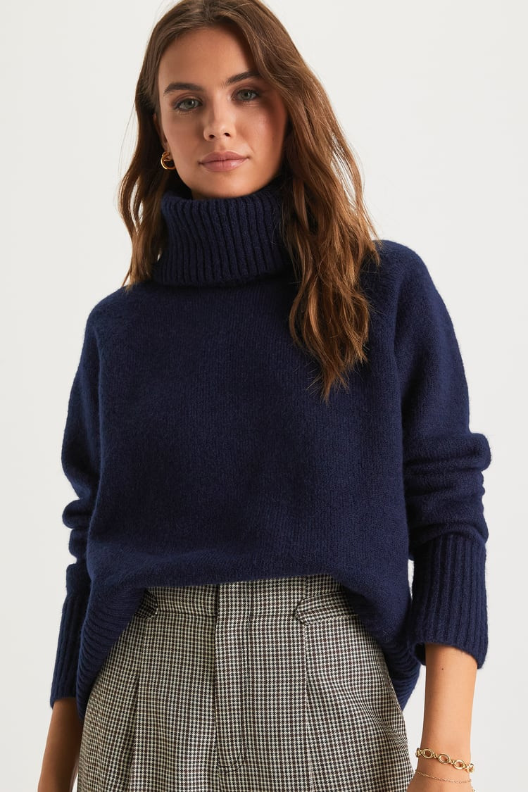 Found the Warmth Navy Blue Turtleneck Pullover Sweater | Lulus