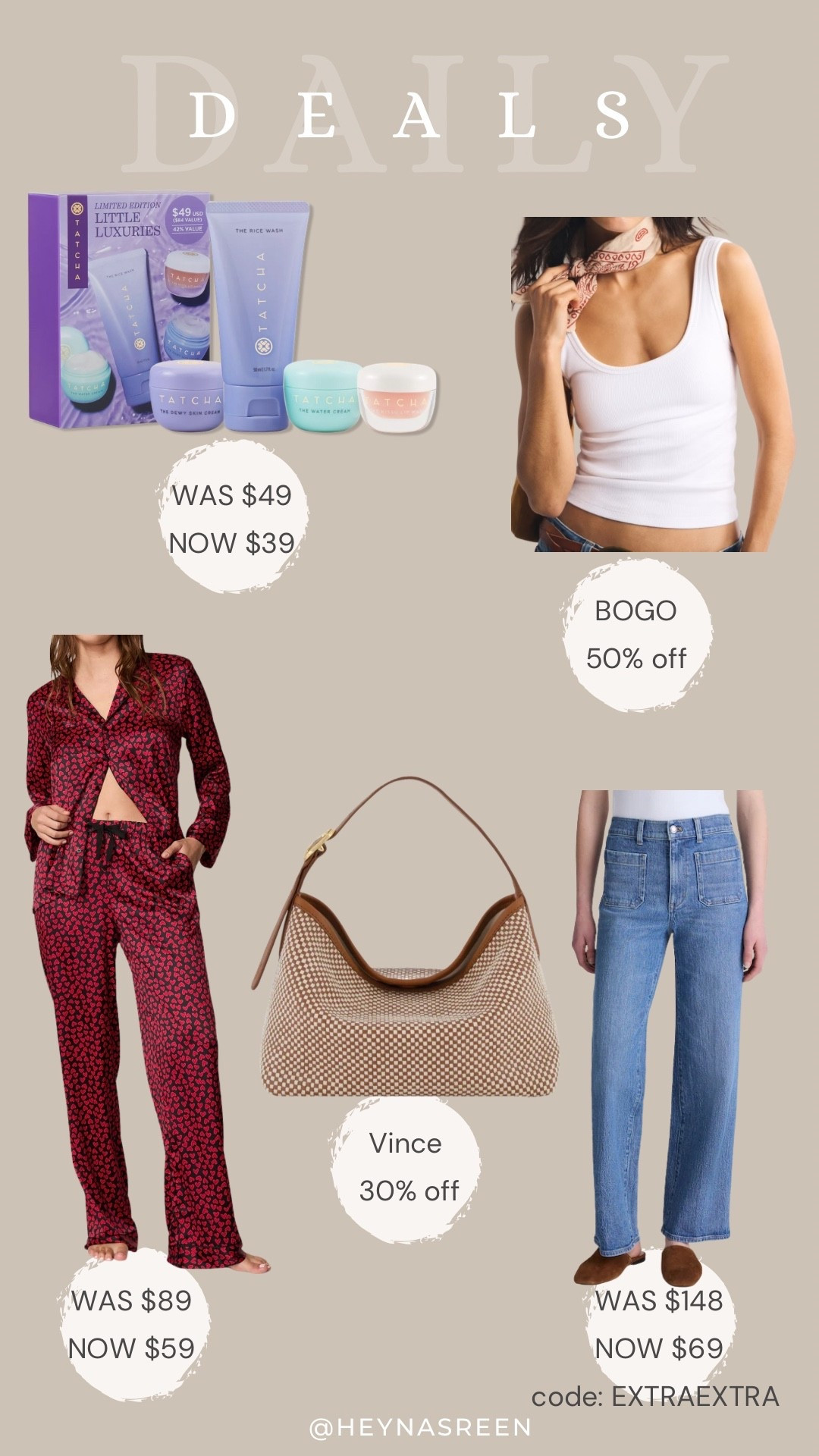 Daily deals on Tatcha set, Abercrombie tank top, Vince bag, Madewell jeans, Victoria Secret pajamas 