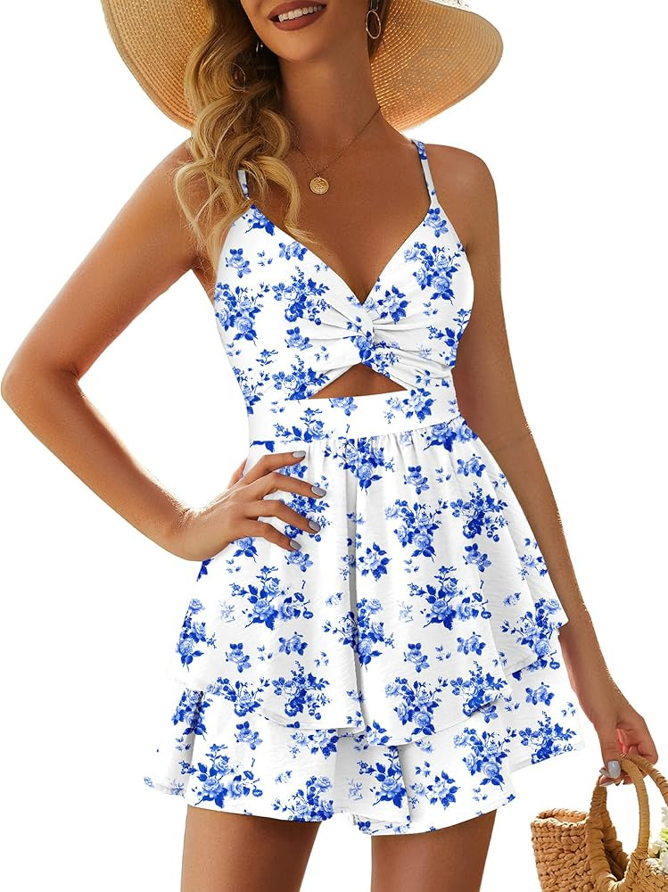 Rompers for Women Sexy Twist V Neck Spaghetti Straps Back Tie Casual Jumpsuits Dressy Floral Shor... | Amazon (US)