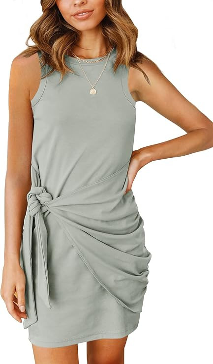 MEROKEETY Women's Summer Sleeveless T Shirt Dress Tie Waist Ruched Crewneck Bodycon Mini Dress | Amazon (US)