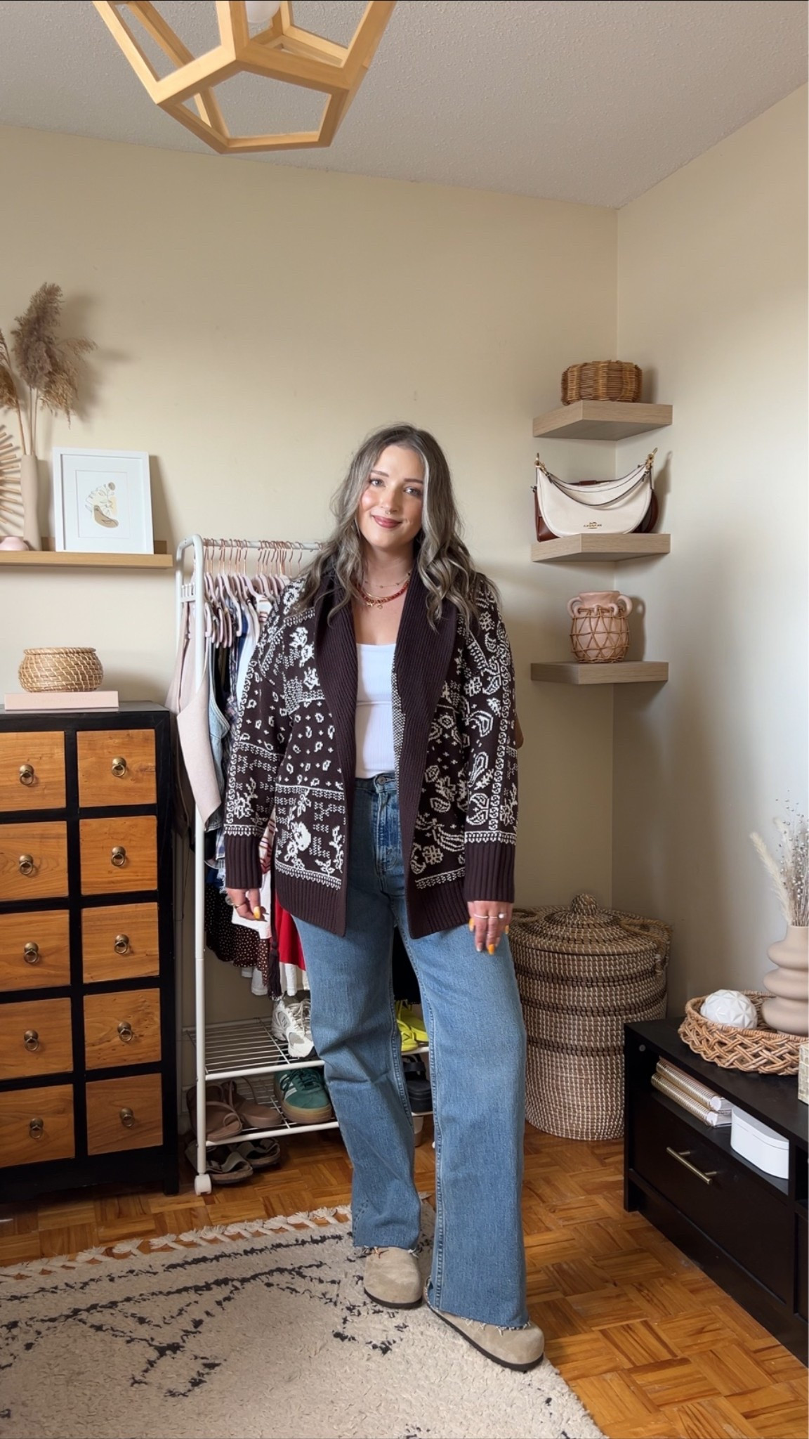 Abercrombie fall outfit! Wearing size L in the bandana print cardigan, size M in the bra free tank top, and size 30 in the jeans. I’m a 9.5-10 shoe and wear a 40 in the Birkenstock clogs

#LTKfall #LTKjeans #LTKmidsize