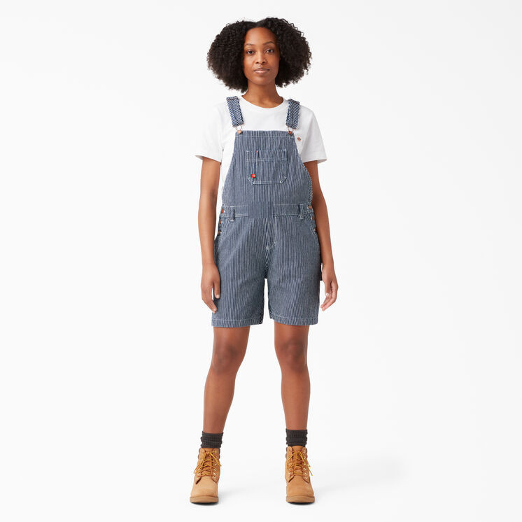 Women's Relaxed Fit Bib Shortalls, 7", Rinsed Hickory Stripe | Dickies