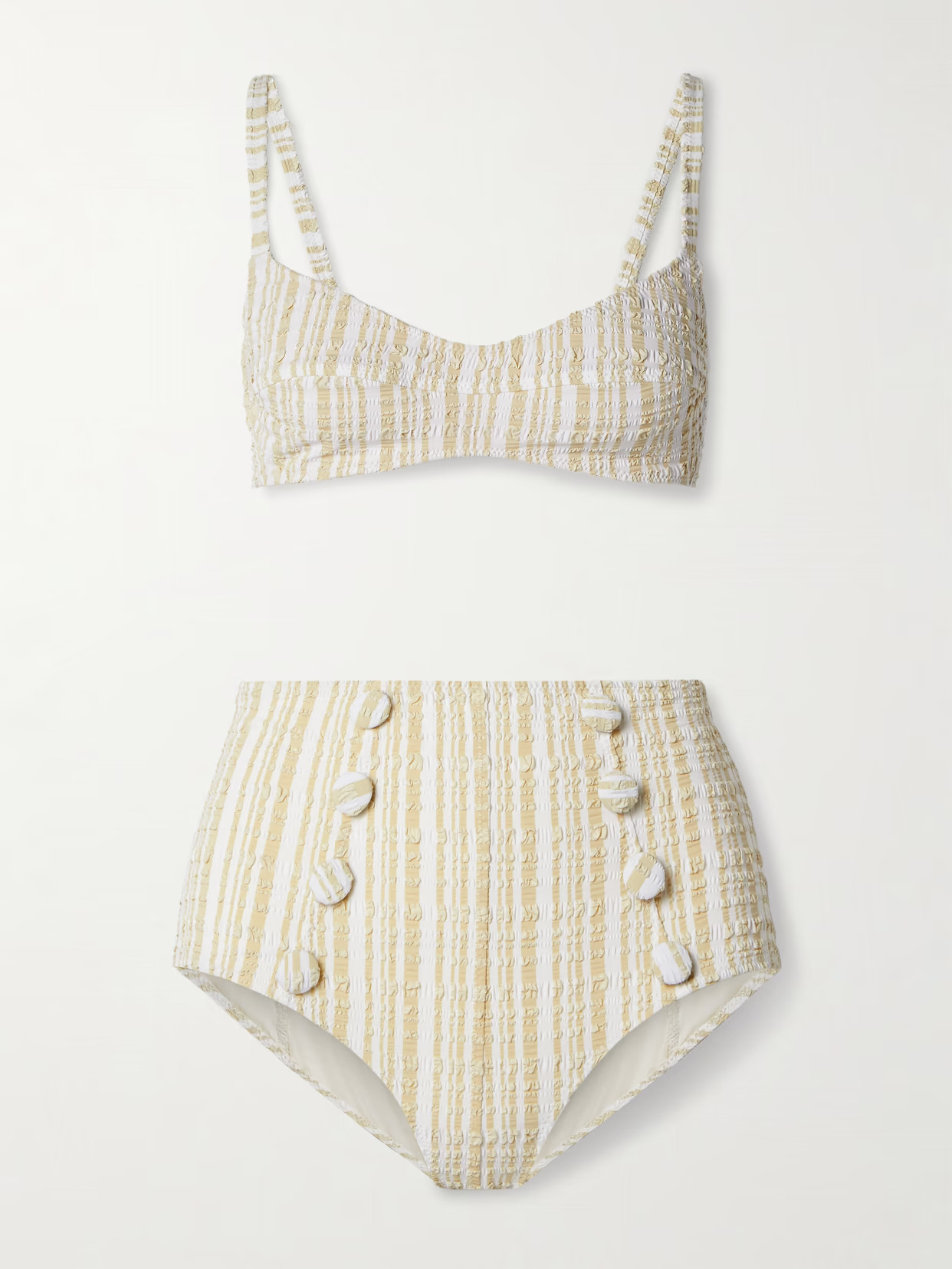 Lisa Marie Fernandez - Button-embellished Striped Seersucker Bikini - Neutrals | NET-A-PORTER (US)
