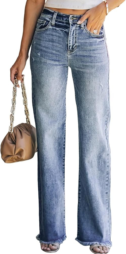 Sidefeel Women's Ripped High Waisted Flared Jeans Wide Leg Destroyed Denim Pants | Amazon (US)
