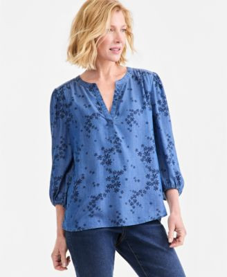 Style & Co Women's Printed Chambray Split Neck Blouse, Macy's Exclusive - Scattered Floral | Macy's