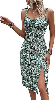 OYOANGLE Women's Ditsy Floral Tie Shoulder Sleeveless Ruched Split Thigh Cami Dress | Amazon (US)
