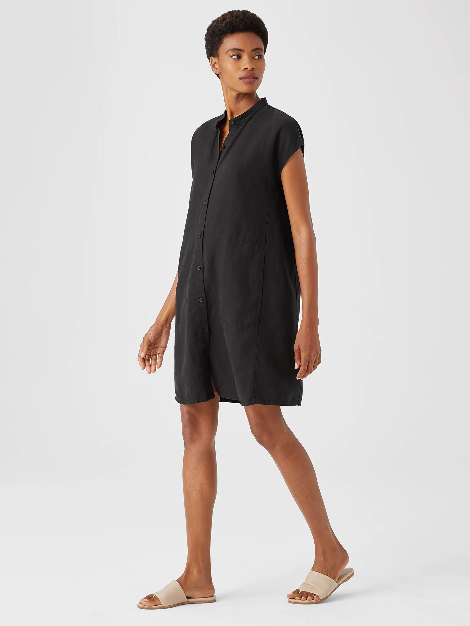 Linen Blend Mandarin Collar Shirtdress | Eileen Fisher