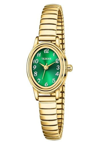 TKIIOER Small Gold Watches for Women, Easy to Read Ladies Analog Watch, 30M Waterproof, Oval Dial, Stainless Steel Expansion Strap (Gold Green) | Amazon (US)