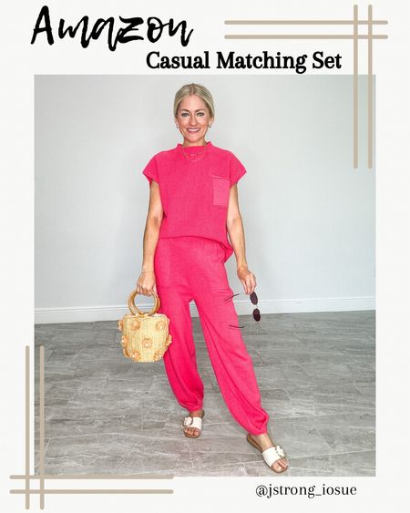 Amazon casual matching set that’s a look for less! Top has a pocket detail and cap sleeve. Pants are high waisted and have pockets and are tapered. Comes in 26 colors sizes XS-XXL. Wearing shade hot pink (product picture is darker than actual color)

#LTKFindsUnder50 #LTKStyleTip
