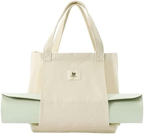 Moyaqi Canvas Tote Bag with Yoga Mat Carrier Pocket Carryall Shoulder Bag for Office, Workout, Pi... | Amazon (US)