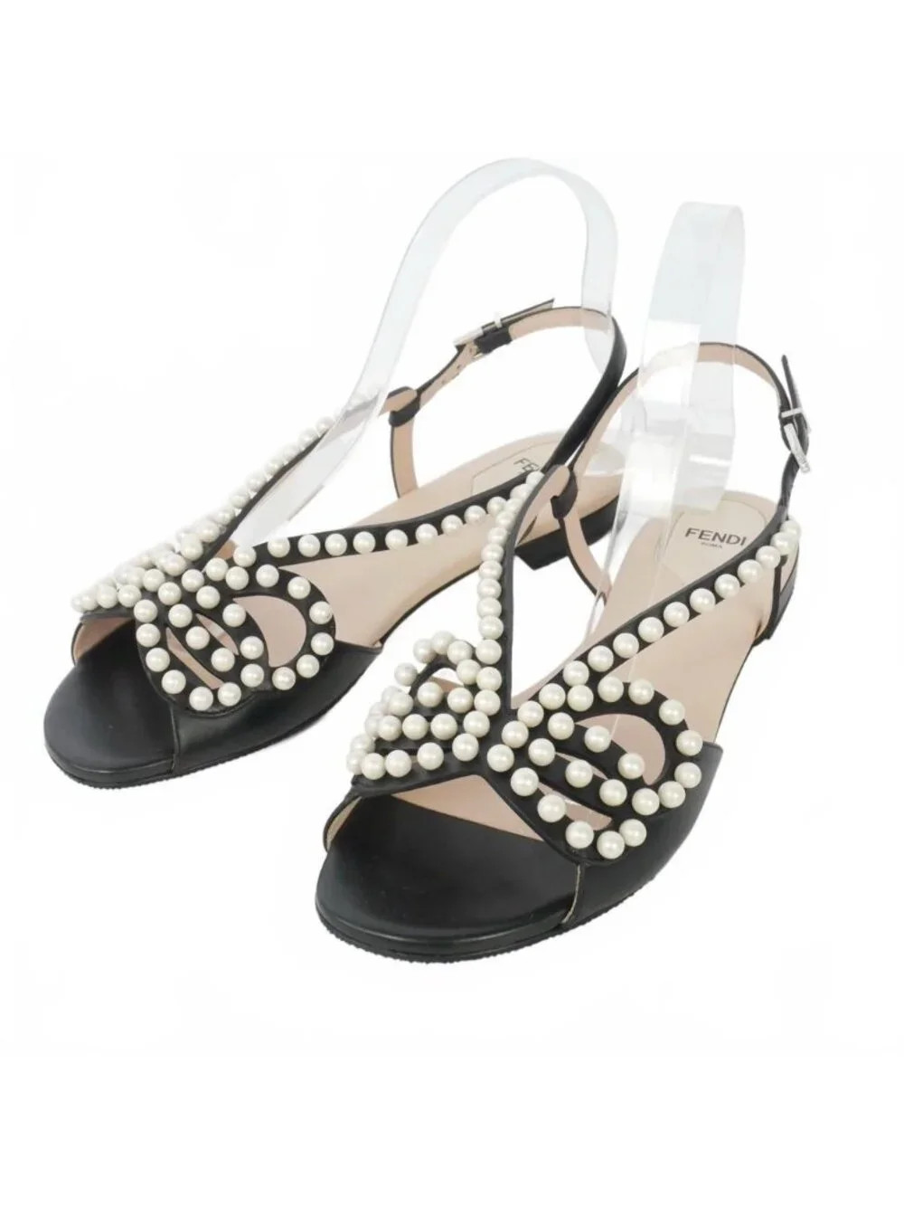 Fendi Faux Pearl Flat Sandals Leather Ankle Strap 39 Black | Poshmark