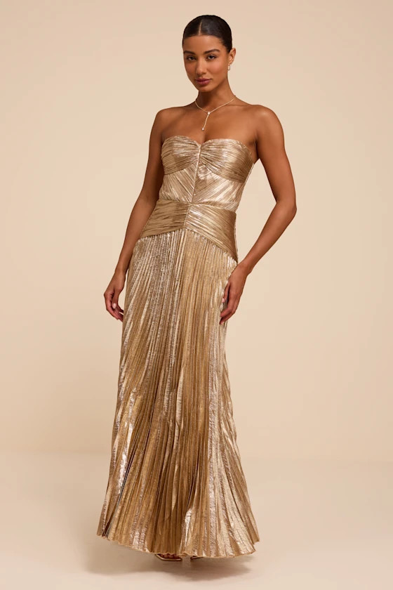 Charlene Champagne Pleated Strapless Maxi Dress | Lulus