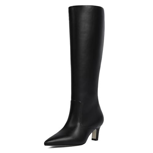 Easyfox Tall Black Boots for Women Black Faux Leather Knee High Boots Pointed Toe Kitten Chunky Heel Fall Long Boots Size 9 | Amazon (US)