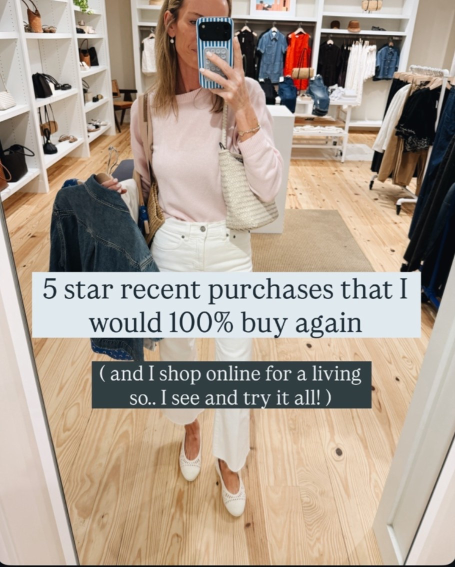 5 ⭐️⭐️⭐️⭐️⭐️ purchases I would 100% buy again

Sizing /
26 jeans
Small Walmart jacket 
Small Zara dress
Small madewell
Small target 
Small linen shorts
Large white button up 
Small Amazon swim look
Small Shopbop