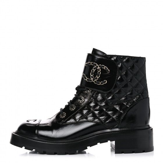 CHANEL

Shiny Lambskin Quilted Lace Up Combat Boots 40 Black | Fashionphile