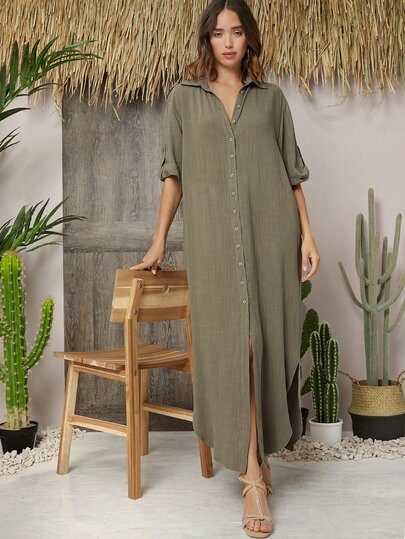 SHEIN LUNE Rolled Tab Sleeve Shirt Dress | SHEIN