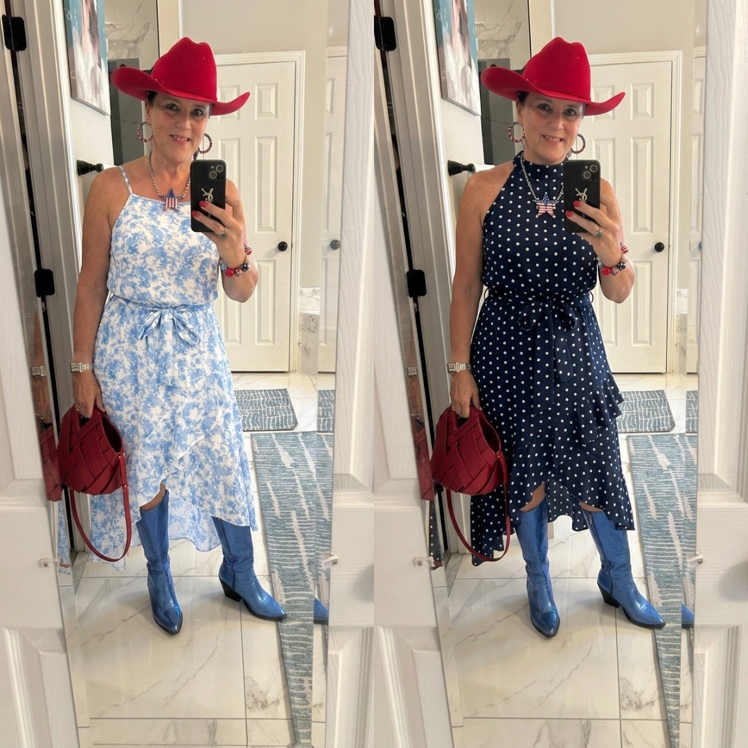 Go with the red cowboy hat, blue dress, blue boots, and red woven bag. It feels bold, fun, and very country concert. The red accessories make the whole outfit pop, and the dress keeps it cute and easy. Country concert ready!! 🤠💙
Red hat, blue boots, and a little western fun, this outfit felt cute, comfy, and perfect for the night!
Which dress would you wear — the blue one or the navy one? #countryconcert #countryconcertoutfit #cowboyhat #westernstyle #concertoutfit

#LTKgrwm #LTKvlog #LTKMidsize