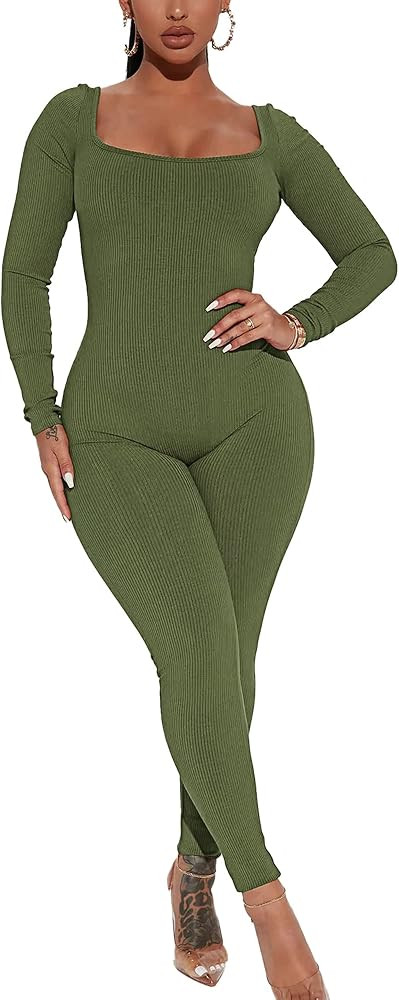 MKQW Womens Sexy Long Sleeve Bodycon Jumpsuit Casual Low Round Collar Ribbed Party Club One Piece Jumpsuits Romper Green L | Amazon (US)