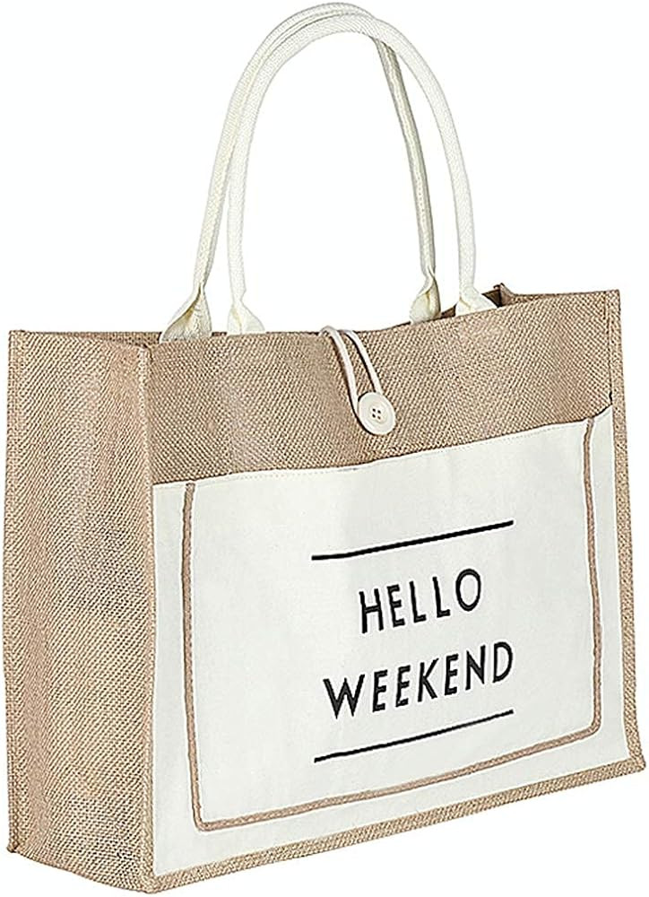 JOLLQUE Jute Beach Tote for Women, Reusable Grocery Shopping Bag with Handle. | Amazon (US)