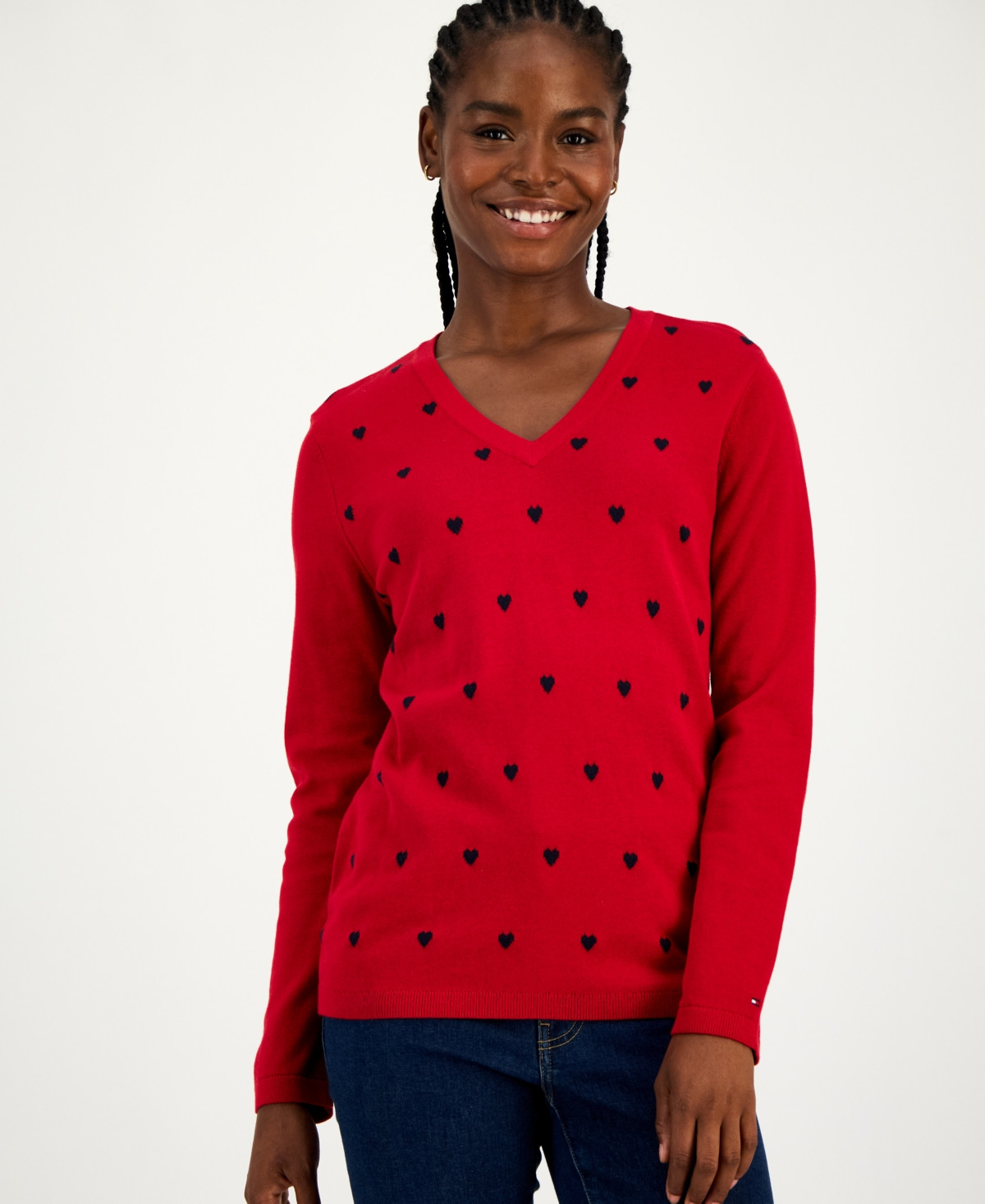 Tommy Hilfiger Women's Cotton Heart V-Neck Sweater - Chili Pepper/ Sky Captain | Macy's