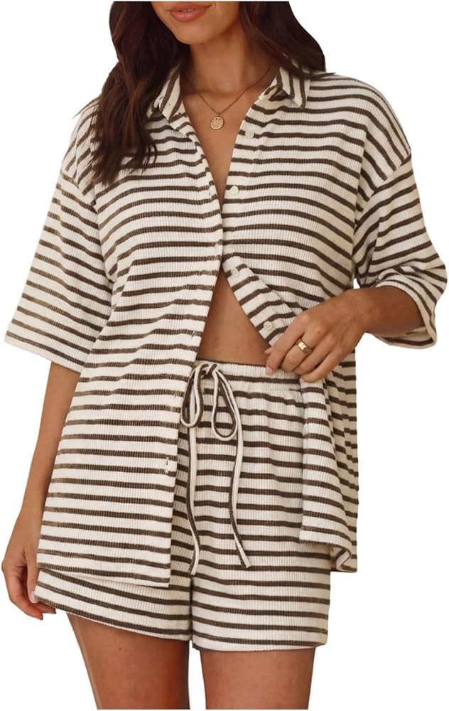 OYOANGLE Women's 2 Piece Striped Sets Ribbed Short Sleeve Button Down Shirt and Shorts Summer Jum... | Amazon (US)