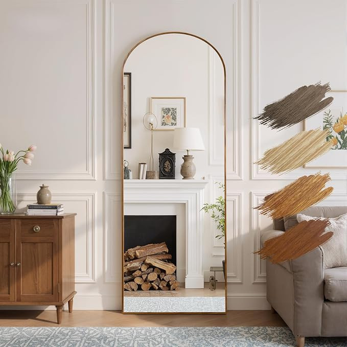Reflix 161 x 52 cm Arched Full Length Mirror, Aluminium Frame with Golden Phoebe Wood Look, Frees... | Amazon (UK)