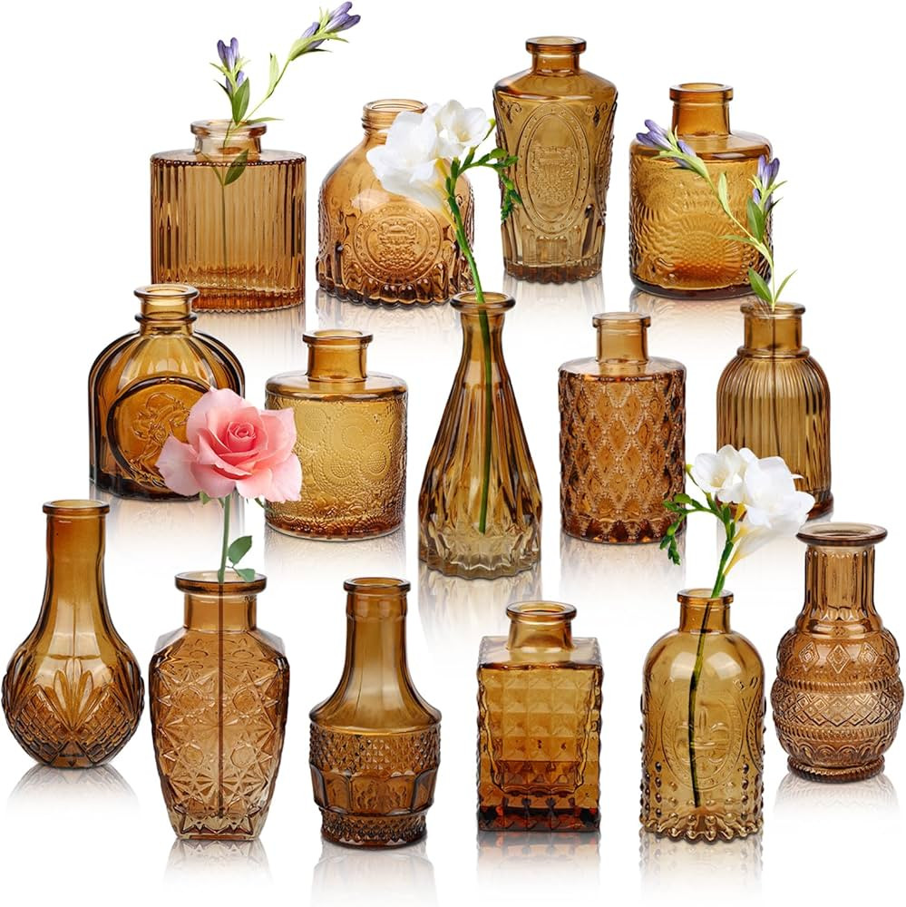Liengoron Bud Vase Set of 15 in Bulk Amber Glass Bud Vase 15 Pack Bud Vases for Centerpieces Smal... | Amazon (US)