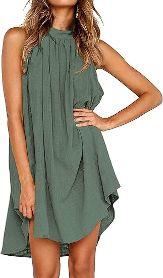 KIRUNDO Women's 2025 Summer Halter Neck Sleeveless Mini Dress Loose Tank Top Pleated Flowy Short ... | Amazon (US)
