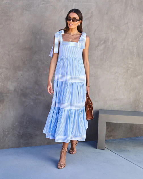 Boston Harbor Cotton Stripe Shoulder Tie Midi Dress | VICI