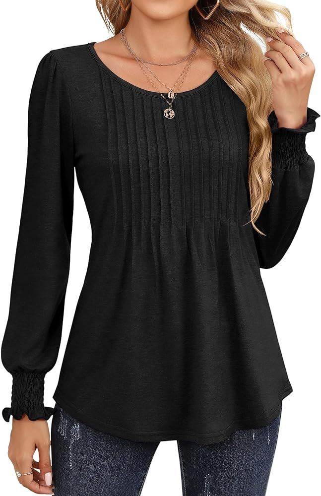 Rapbin Blouses for Women Puff Long Sleeve Tunic Tops Pleated Crew Neck Casual Work T Shirts with Smo | Amazon (US)