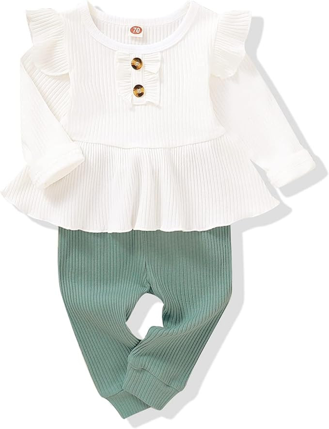 Baby Girl Clothes Outfits Ruffle Sleeve Shirt Tops Solid Pants Set Fall Winter Infant Baby Girl C... | Amazon (US)