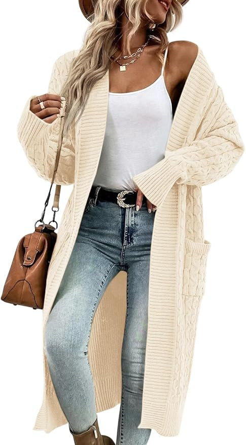 Onedreamer Womens Long Cardigan Cable Knit Open Front Long Sleeve Sweater Coats with Pockets | Amazon (US)