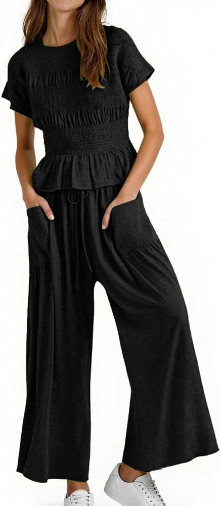 2 Piece Outfit for Women Summer Smocked Top Wide-Leg Pants High-Waisted Boho Casual Sets with Poc... | Amazon (US)